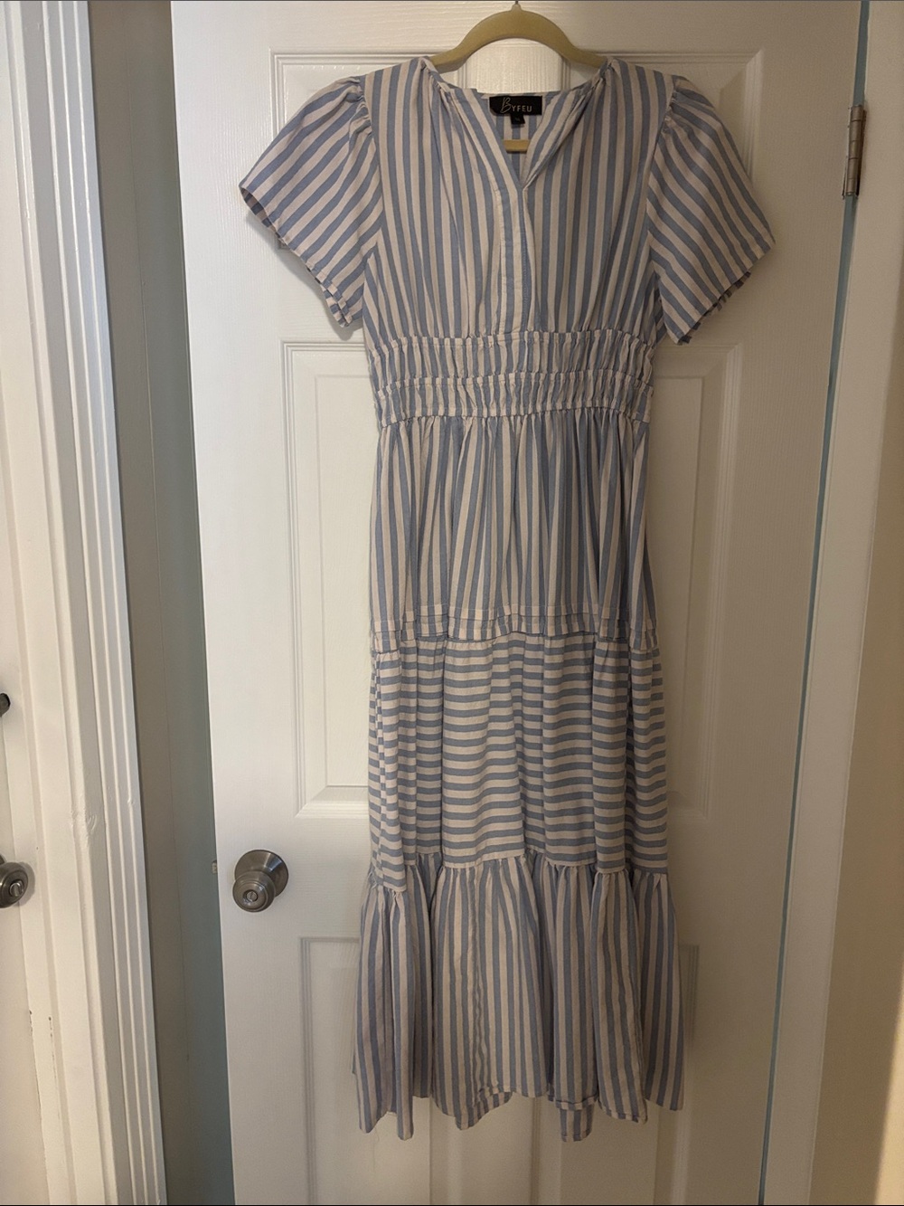Vintage 100% Cotton Striped Midi Smocked Waist Dress in Blue & White